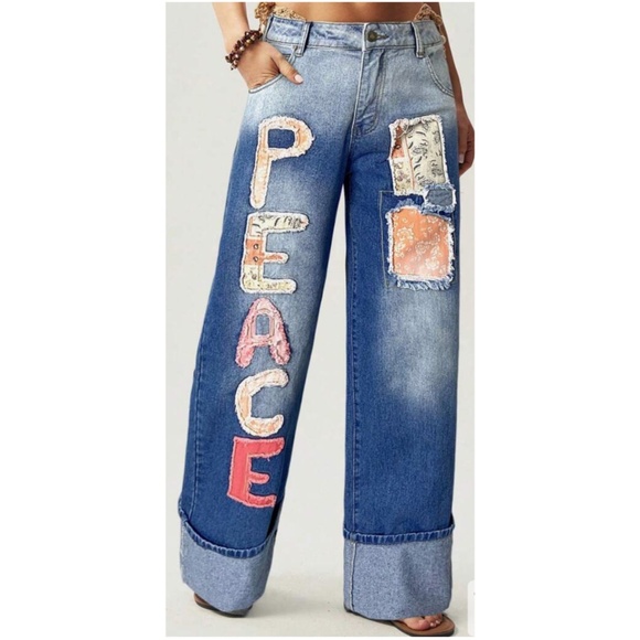 Boho Medium Wash Peace Floral Print Patch Denim Straight Leg Jeans - Picture 5 of 5